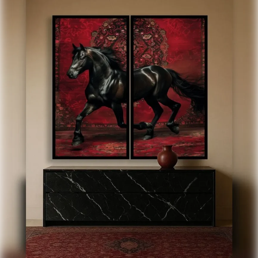 Koşan Siyah At 2'li Set Cam Tablo | KZY-UV-5094